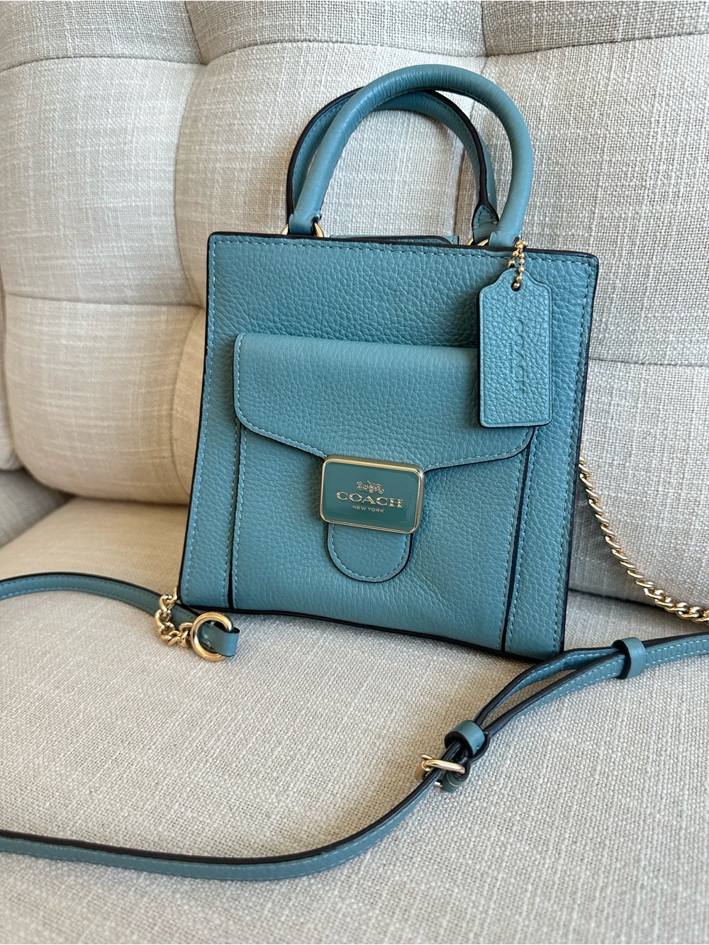 Coach Teal Pebbled Leather Crossbody Mini Tote (new with tag attached)